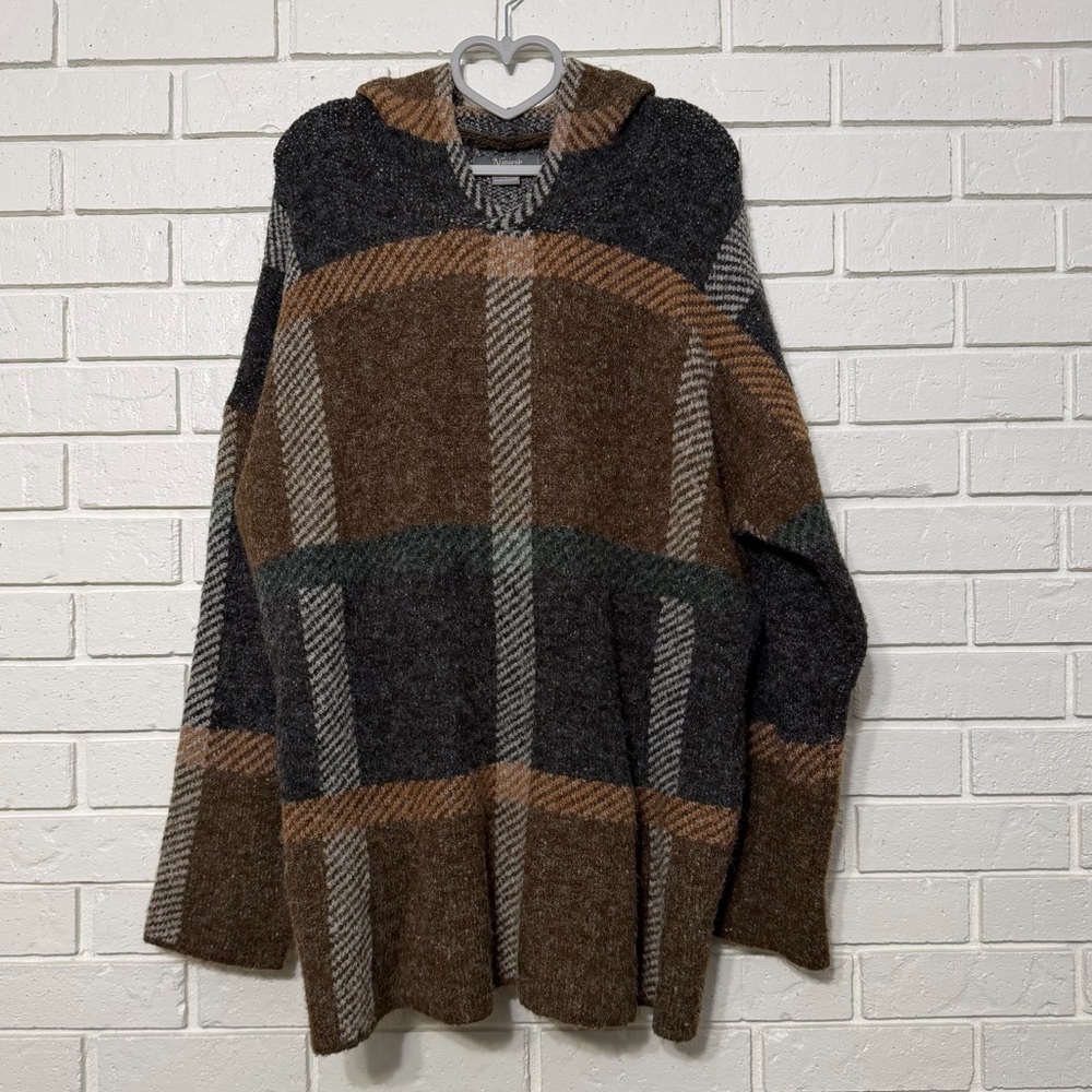 Natural Reflections Plaid Hooded Sweater Cardigan Brown Gray XL